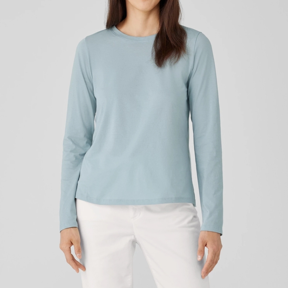 Eileen Fisher Ribbed Knit Tencel Cotton Long Slv Tee Basics Minimalist Neutral L
